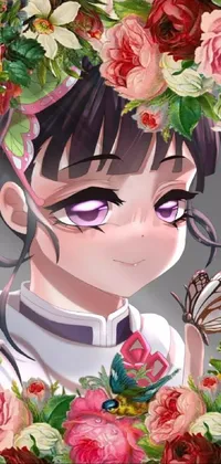 This phone live wallpaper features a beautifully intricate portrait of an anime girl with a butterfly and flowers in her hair, all surrounded by lush scenery