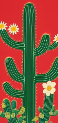 This phone live wallpaper features a stunning, tall and thin cactus surrounded by vibrant daisies against a red background