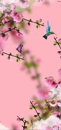 Transform your phone's background with this gorgeous pink flowers and blue bird live wallpaper