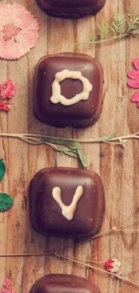 This phone live wallpaper features a wooden table background adorned with delectable chocolate-covered doughnuts, a romantic image, and symbolic dove as a thematic representation of love