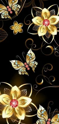 This phone live wallpaper features a beautiful vector art design that includes golden flowers and butterflies on a black background