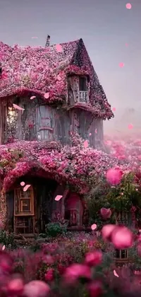 Indulge in the dreamy world of cottagecore with this enchanting phone live wallpaper that showcases a charming little house amidst a field of blooming flowers