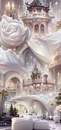 Explore a stunning world of white flowers, translucent roses, and magical buildings with this 4k detail fantasy live wallpaper