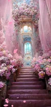 This phone live wallpaper features a stunning and magical setting with a pink flower-covered stairway leading up to a dreamy and pastel-colored fantasy world