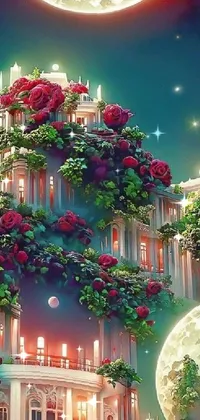 This digital art live wallpaper features a strikingly tall building adorned with a plethora of beautiful flowers, a detailed crimson moon, and enchanting red roses