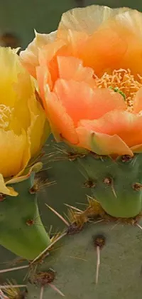 This lively phone wallpaper showcases a colorful cactus plant with two vibrant yellow and orange flowers