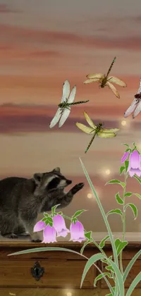 This phone live wallpaper features a charming raccoon alongside dragonflies, both animated for added engagement