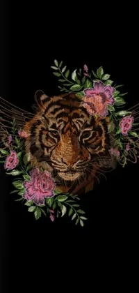 This live phone wallpaper showcases a stunning digital art creation of a tiger with wings and flowers against a black background