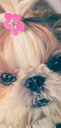 This charming phone live wallpaper showcases a lovable shih tzu dog with a pink bow on its head amidst a pastel background