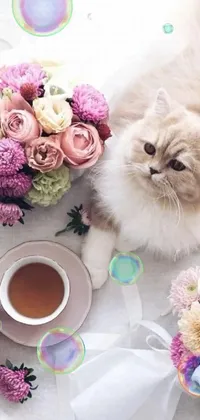 This live phone wallpaper depicts a cute cat lounging on a table beside a cup of coffee