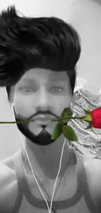 This phone live wallpaper showcases an image of a bearded man adorned with a rose, set against an album cover-inspired backdrop