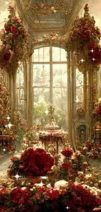 This stunning phone live wallpaper features a beautiful room filled with red and white flowers, magical buildings, a crown of roses, and a crystal palace