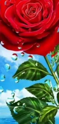 This stunning phone live wallpaper features a beautiful image of a red rose delicately sitting on a lush green plant, surrounded by sky and water refractions