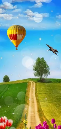 This vibrant phone live wallpaper showcases a beautiful hot air balloon gently floating above a lively green field