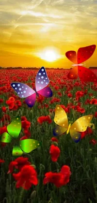 This live phone wallpaper features a stunning field filled with vibrant red and green flowers accompanied by glowing butterflies under a clear blue sky with fluffy white clouds