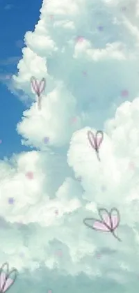 This live phone wallpaper showcases a charming scene of colorful balloons soaring through the sky, encircled by fluffy clouds and fluttering butterflies