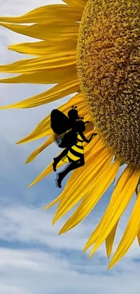 This phone wallpaper showcases a close-up of a vibrant sunflower with a bee