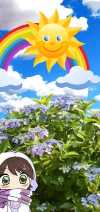 Get a colorful and cute phone live wallpaper featuring a cartoon girl having a great time in front of a rainbow