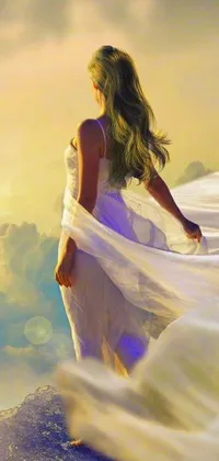 Looking for an enchanting and calming live wallpaper? This stunning digital artwork captures the beauty of a woman in a white dress standing on a cliff amidst heavenly sunlit clouds
