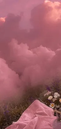 This stunning phone live wallpaper features a pink blanket resting atop a lush green field, permeated by thick, pigmented smoke that gives the image a magical, dreamlike quality