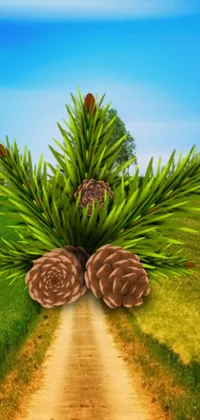 This live phone wallpaper showcases an illustration of two pine cones positioned on a dirt road, backed by a green savanna tree and rolling hills
