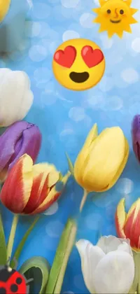 This stunning live wallpaper for your phone features a bunch of colorful tulips with adorable faces painted on them