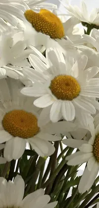 This phone live wallpaper is a breathtaking, realistic image of a vase overflowing with white and yellow flowers