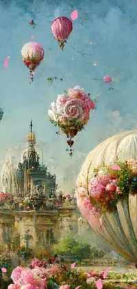 This hot air balloon live wallpaper features a vibrant painting of hot air balloons flying over a castle framed by large flowers and backed by a pink cloudy sky