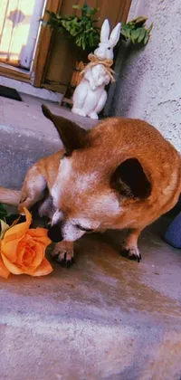This phone live wallpaper showcases an adorable dog happily chewing on a vibrant pink rose in front of a charming house