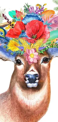 This phone live wallpaper showcases a detailed color pencil sketch of a deer wearing a floral crown on its head
