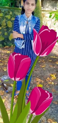 This pop art-inspired live wallpaper features a woman standing among colorful tulips at a park, with a lifelike 3D statue in the foreground