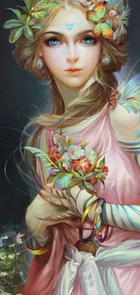 This live phone wallpaper showcases a charming woman in a pink dress holding a bouquet of flowers
