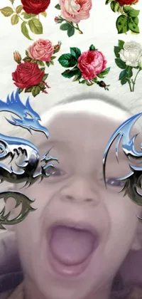This phone live wallpaper showcases a close up of a child's mesmerizing face with lively flowers in the background, along with an album cover of a mystical dragon