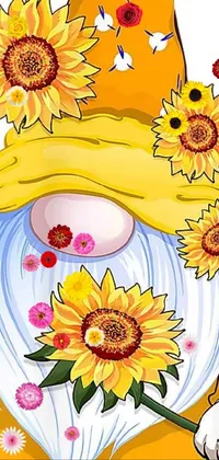 This lively phone wallpaper features a delightful cartoon gnome sporting a sunflower headpiece