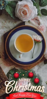 This phone live wallpaper showcases a beautifully designed cup of tea sitting on a Rococo-style table against a festive Christmas background