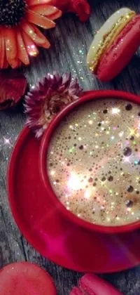 Get cozy with this striking phone live wallpaper featuring a cup of coffee, delectable macaroons and twinkling fairy lights