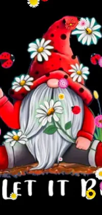 This phone live wallpaper depicts a gnome surrounded by vibrant flowers and the words "Let It Be" in psychedelic font