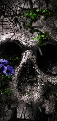 Looking for an edgy and gothic <a href="/">live wallpaper for your phone</a>? Check out this skull and <a href="/flower-wallpapers">flower wallpaper</a> featuring detailed textures and an eerie vibe! The skull design is intricate and realistic, with a spooky flower growing out of it that adds a contrasting touch of beauty