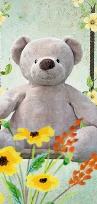 This lovely live wallpaper for your phone features a cute teddy bear seated on a floral swing, gently swaying with a soft backdrop of natural lighting