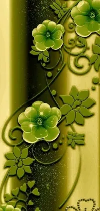 This phone live wallpaper features a digital painting of green flowers against a gold background