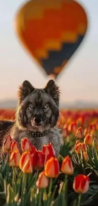 This lively phone wallpaper features a playful dog frolicking in a sea of vibrant tulips