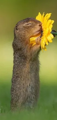 This delightful phone live wallpaper features a charming ground squirrel holding a lovely flower in its mouth