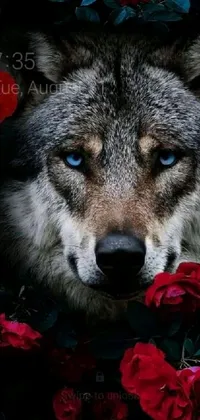 This phone live wallpaper features a close-up of a powerful wolf surrounded by delicate flowers, including romantic red roses