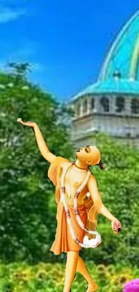 This phone live wallpaper showcases a digital rendering of a frisbee-throwing statue against a stunning temple backdrop