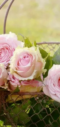 This live wallpaper features a charming and romantic image of a basket filled with pink roses against a lush green field