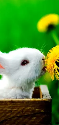 This stunning phone live wallpaper showcases a majestic white rabbit holding a striking yellow flower between its jaws against a magnificent backdrop of a colorful bouquet