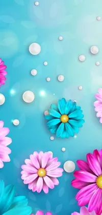 Indulge in the stunning digital art with this phone live wallpaper, featuring pink and blue flowers on a blue background