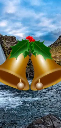 This live wallpaper features a digital rendering of bells placed by a waterfall amidst a serene tan-brown background