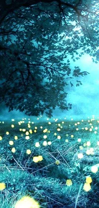 Looking for a stunning live wallpaper? Look no further than this forest scene filled with yellow fireflies, dandelions, and bubbles