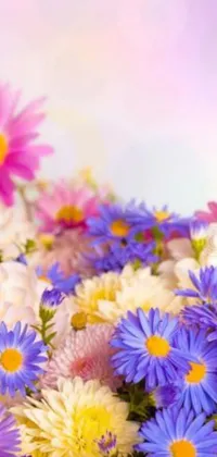 This phone live wallpaper features a stunning close up of chrysanthemum and hyacinth flowers in muted shades of pink and yellow, and bold purples and blues